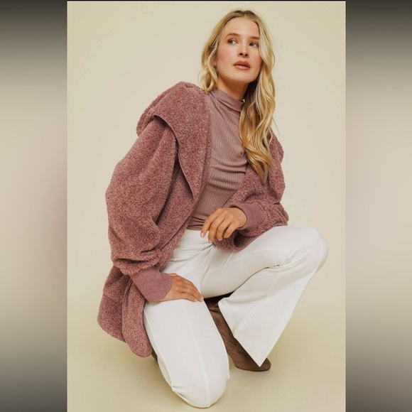 427. Oversized Hooded Cozy Open Cardigan Jacket Pockets Mauve Restocked NWT OSFM - Picture 3 of 4